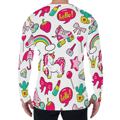White Girly Unicorn Pattern Print Men's Long Sleeve T-Shirt
