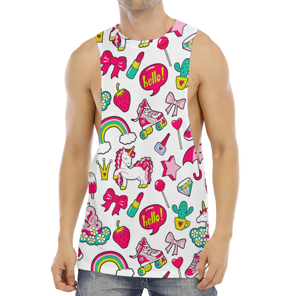 White Girly Unicorn Pattern Print Men's Muscle Tank Top