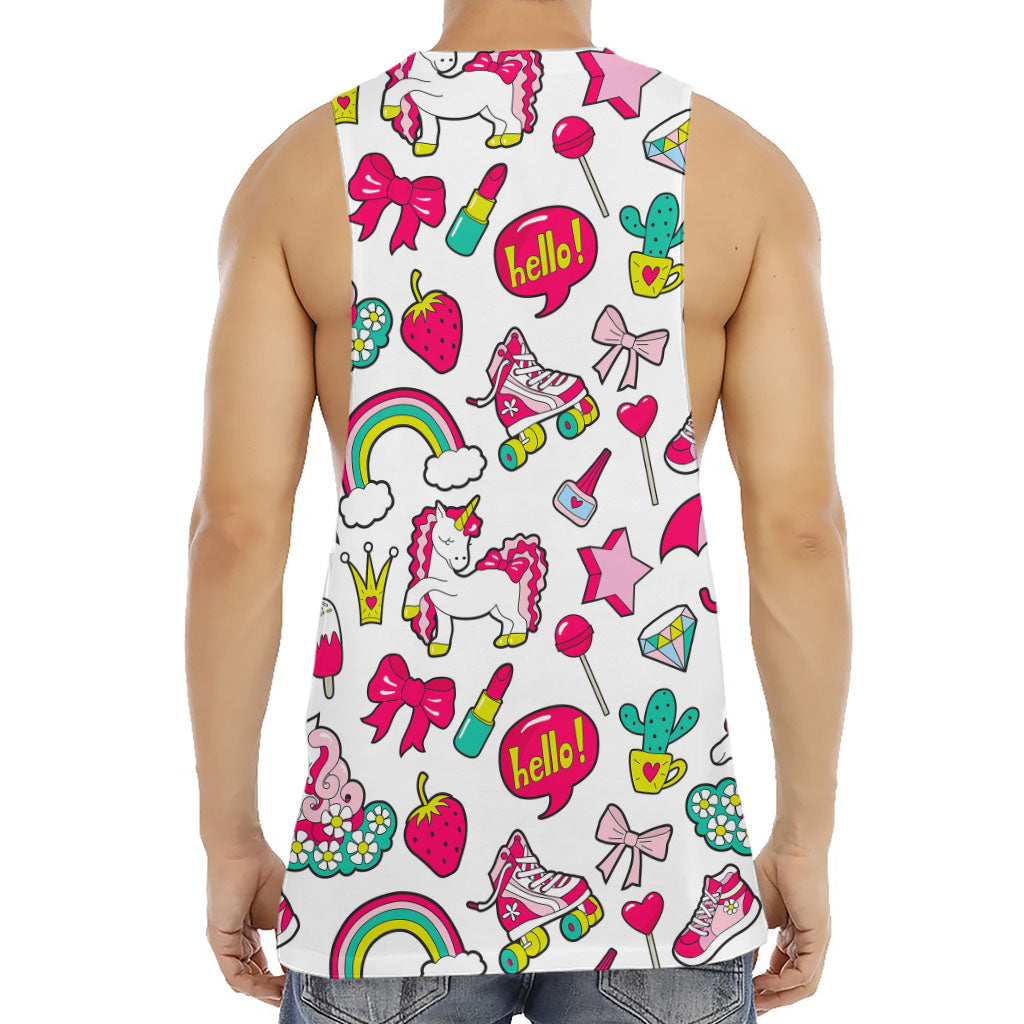 White Girly Unicorn Pattern Print Men's Muscle Tank Top