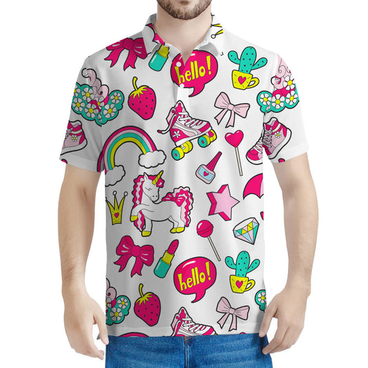 White Girly Unicorn Pattern Print Men's Polo Shirt