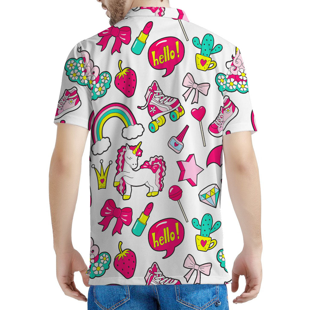 White Girly Unicorn Pattern Print Men's Polo Shirt