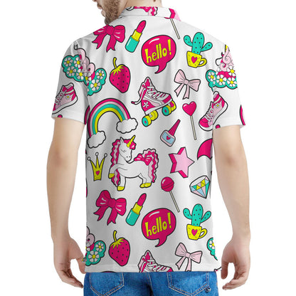 White Girly Unicorn Pattern Print Men's Polo Shirt