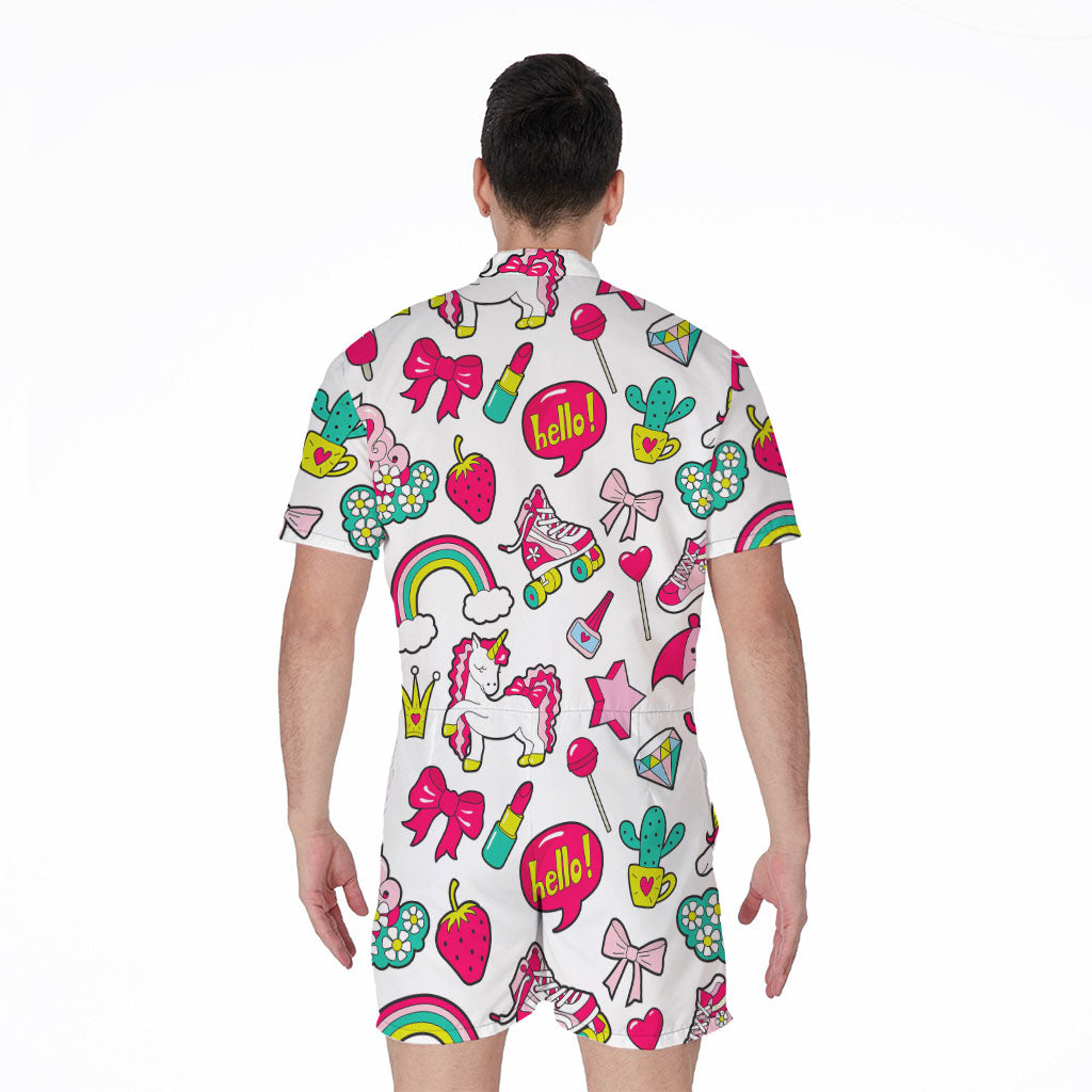 White Girly Unicorn Pattern Print Men's Rompers