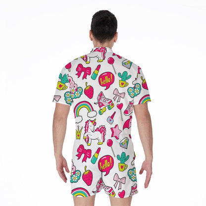 White Girly Unicorn Pattern Print Men's Rompers