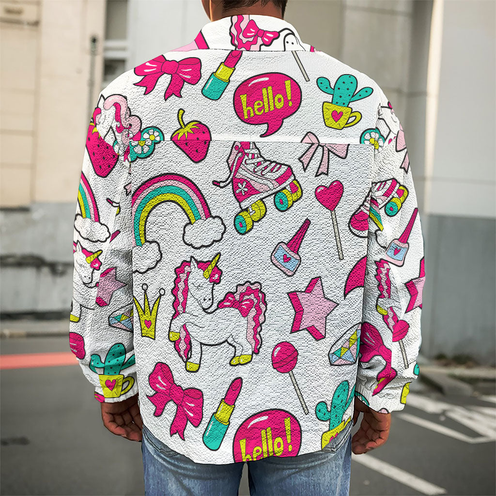 White Girly Unicorn Pattern Print Men's Shirt Jacket