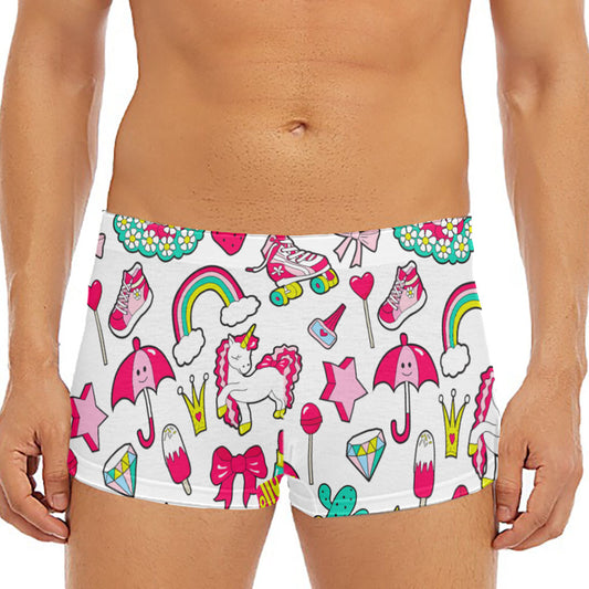 White Girly Unicorn Pattern Print Men's Short Boxer Briefs