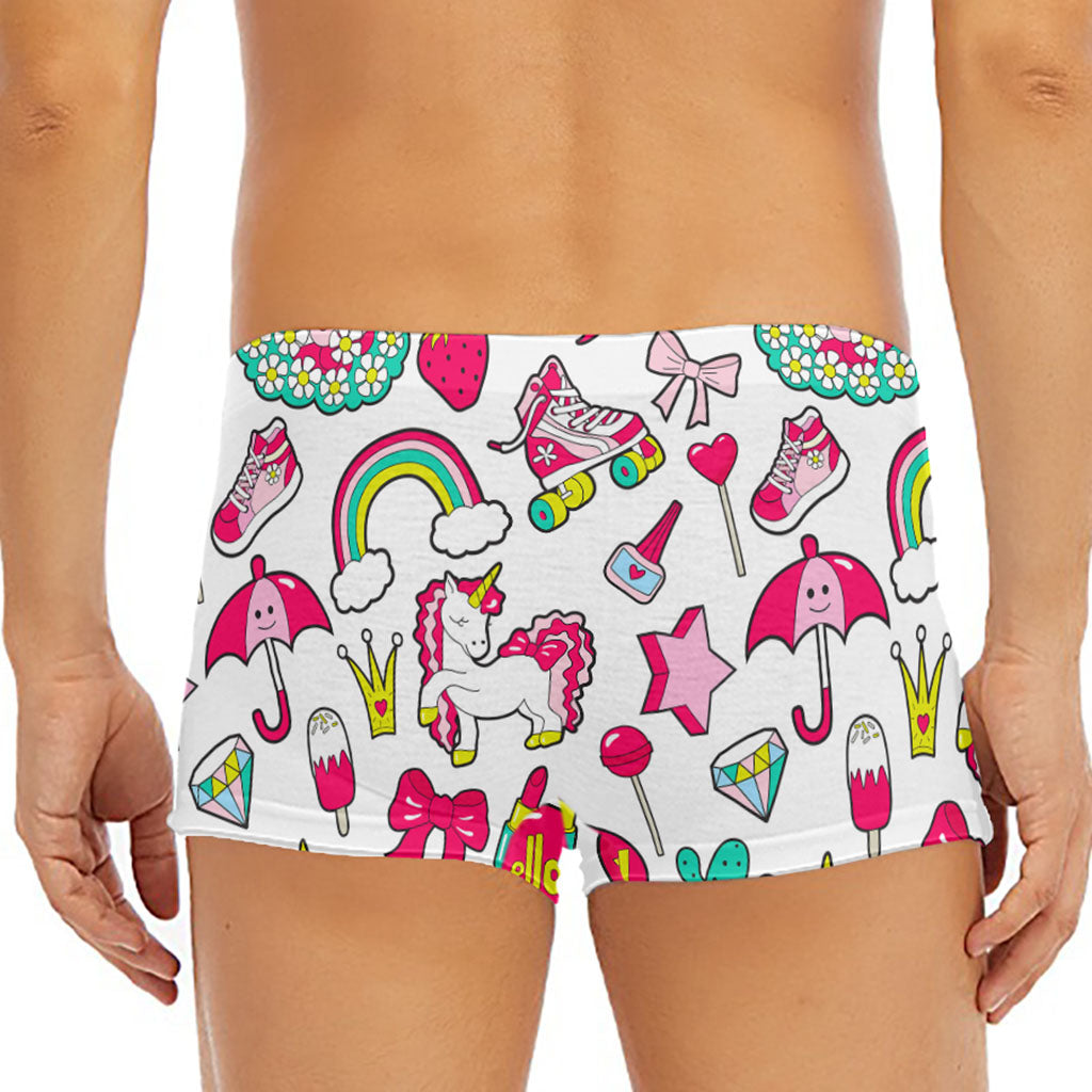 White Girly Unicorn Pattern Print Men's Short Boxer Briefs