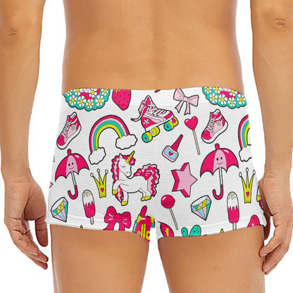 White Girly Unicorn Pattern Print Men's Short Boxer Briefs