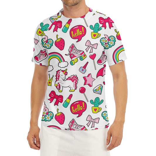 White Girly Unicorn Pattern Print Men's Short Sleeve Rash Guard