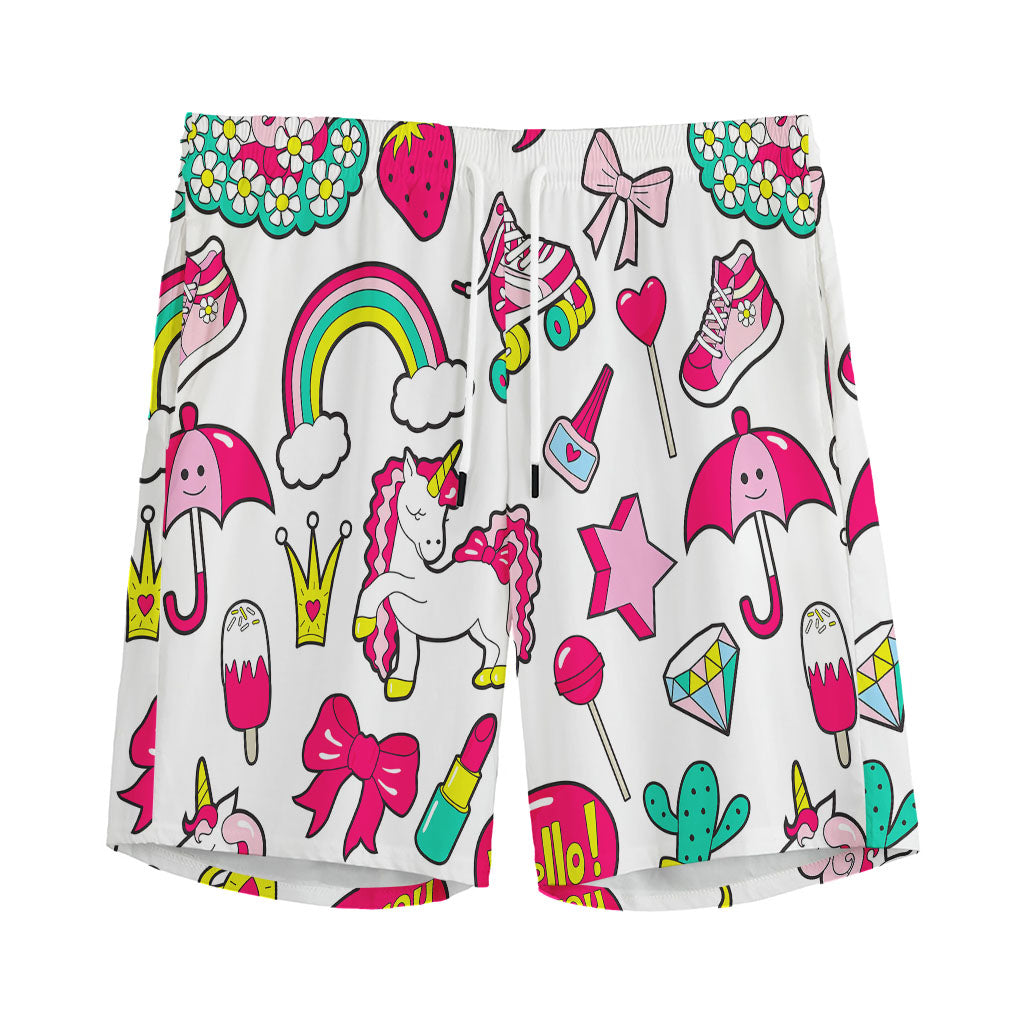 White Girly Unicorn Pattern Print Men's Sports Shorts