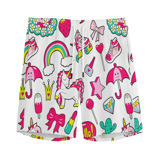 White Girly Unicorn Pattern Print Men's Sports Shorts
