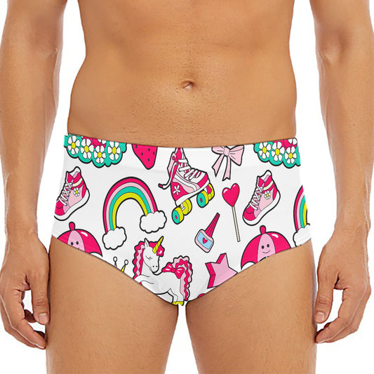 White Girly Unicorn Pattern Print Men's Triangle Swim Briefs