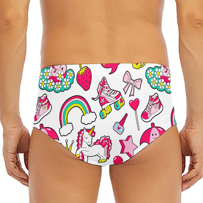 White Girly Unicorn Pattern Print Men's Triangle Swim Briefs