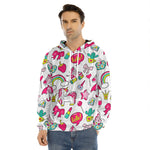 White Girly Unicorn Pattern Print Men's Velvet Pullover Hoodie