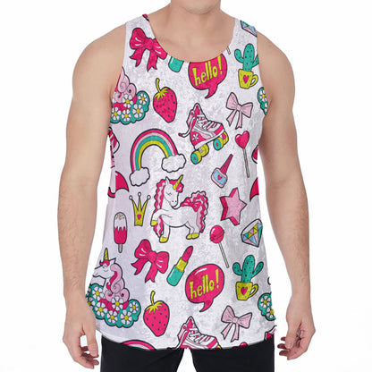 White Girly Unicorn Pattern Print Men's Velvet Tank Top