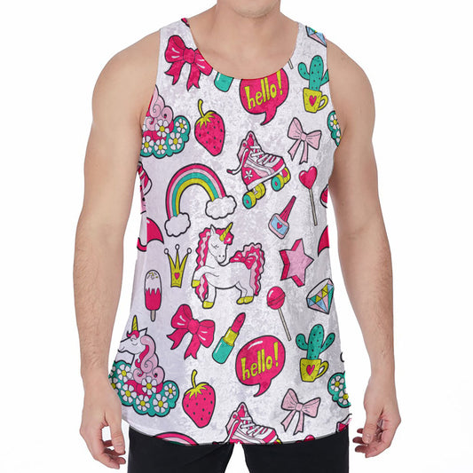 White Girly Unicorn Pattern Print Men's Velvet Tank Top