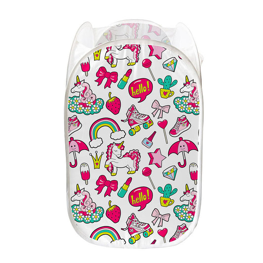 White Girly Unicorn Pattern Print Mesh Laundry Hamper