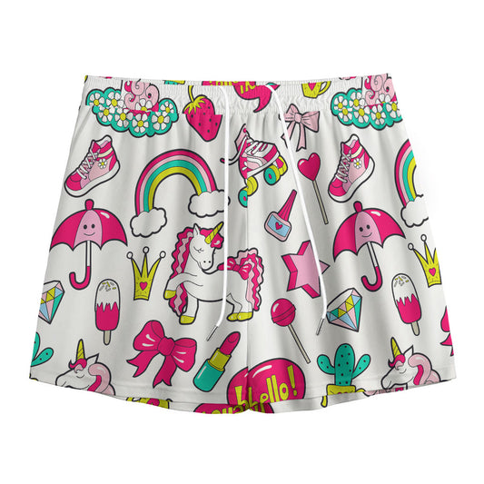 White Girly Unicorn Pattern Print Mesh Shorts