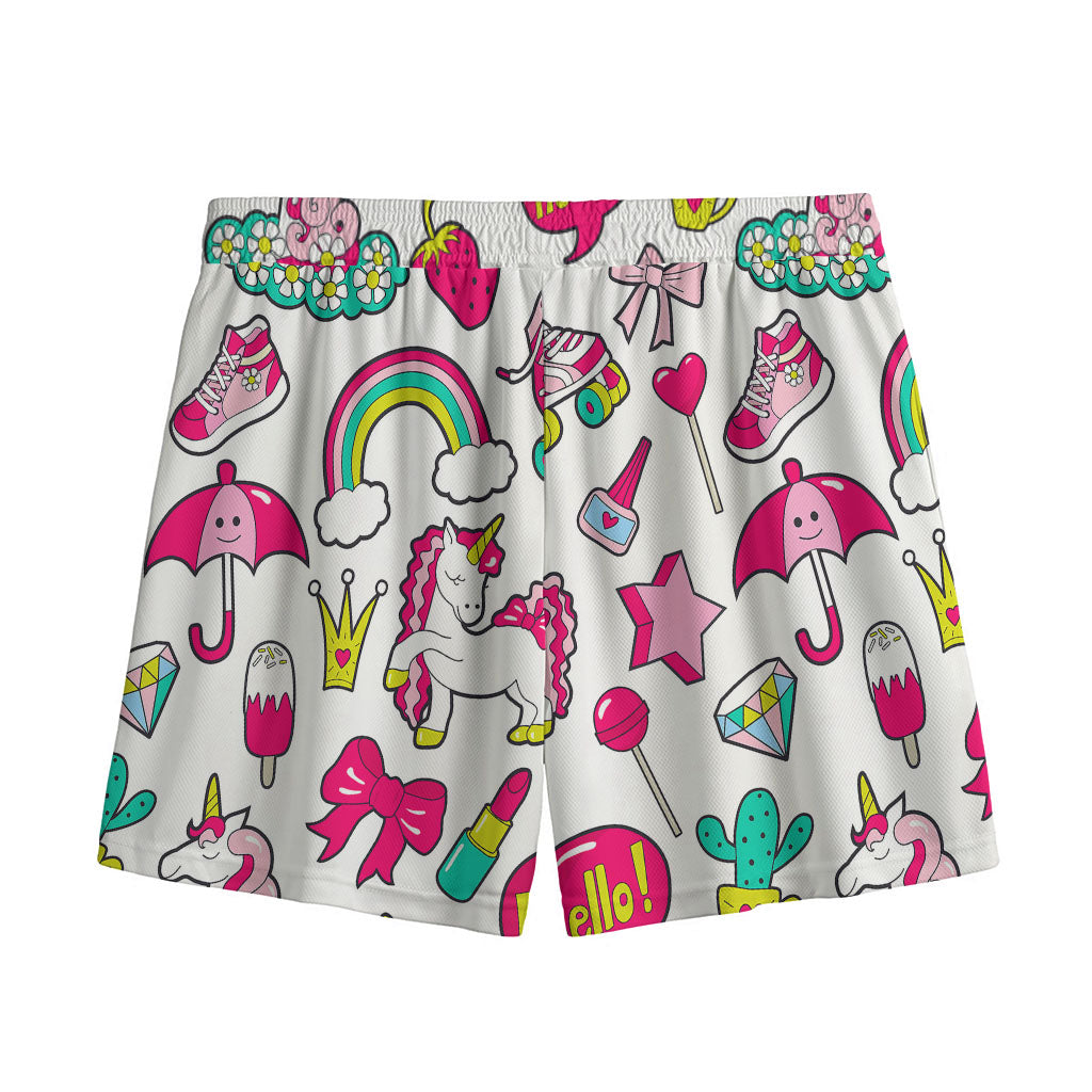 White Girly Unicorn Pattern Print Mesh Shorts