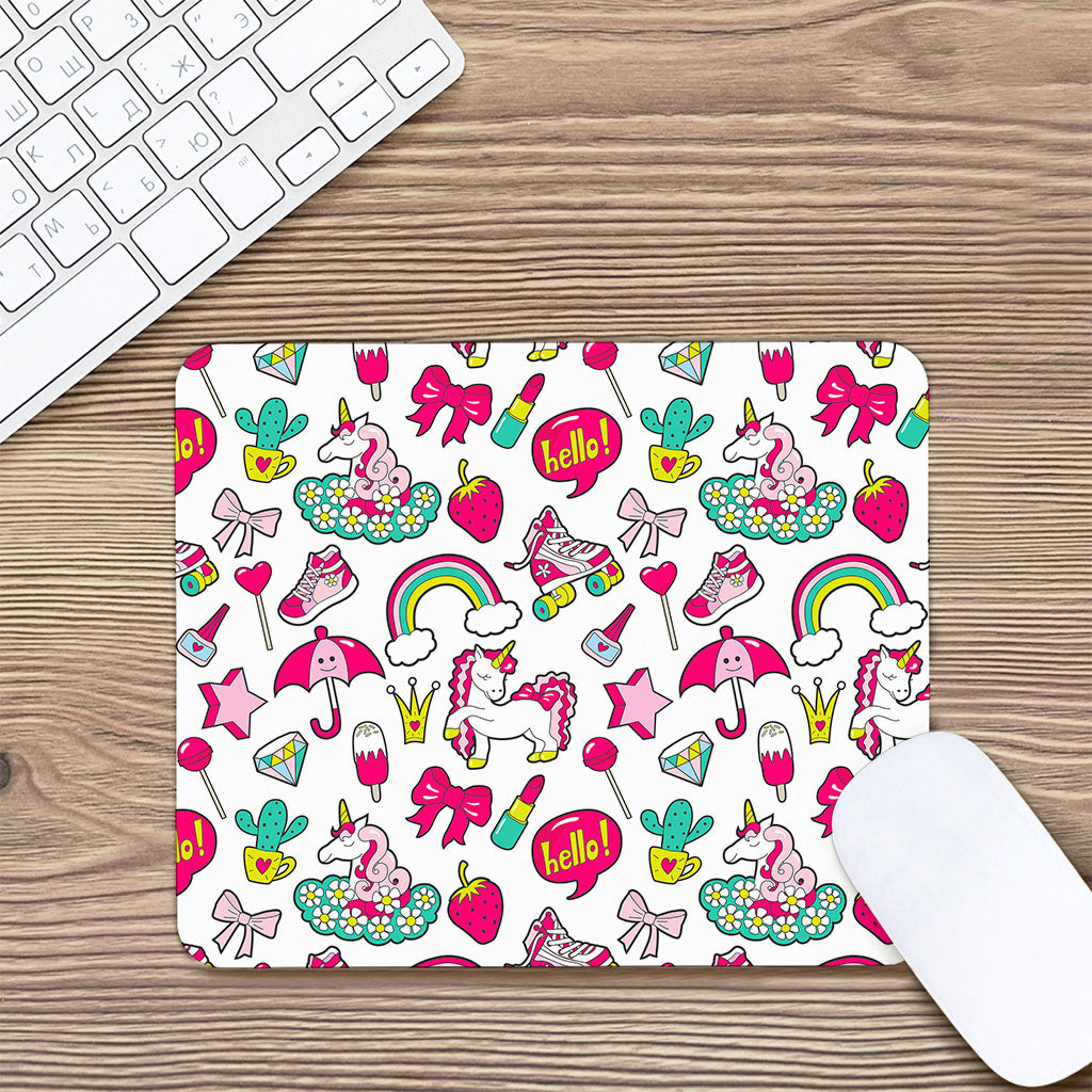 White Girly Unicorn Pattern Print Mouse Pad