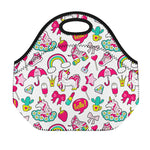 White Girly Unicorn Pattern Print Neoprene Lunch Bag