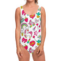White Girly Unicorn Pattern Print One Piece Swimsuit