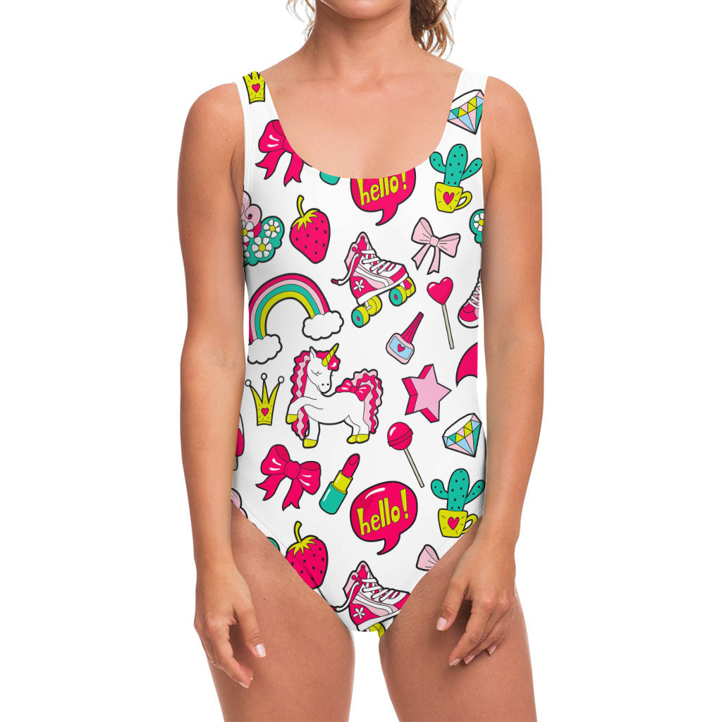 White Girly Unicorn Pattern Print One Piece Swimsuit