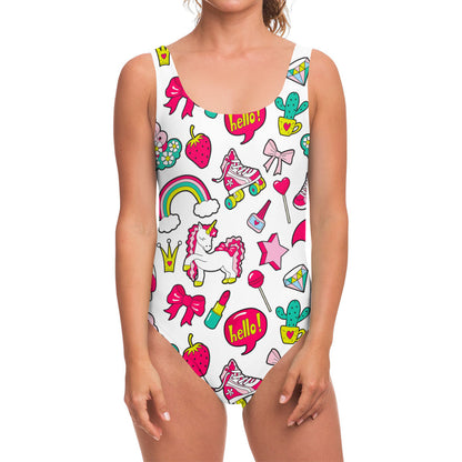 White Girly Unicorn Pattern Print One Piece Swimsuit