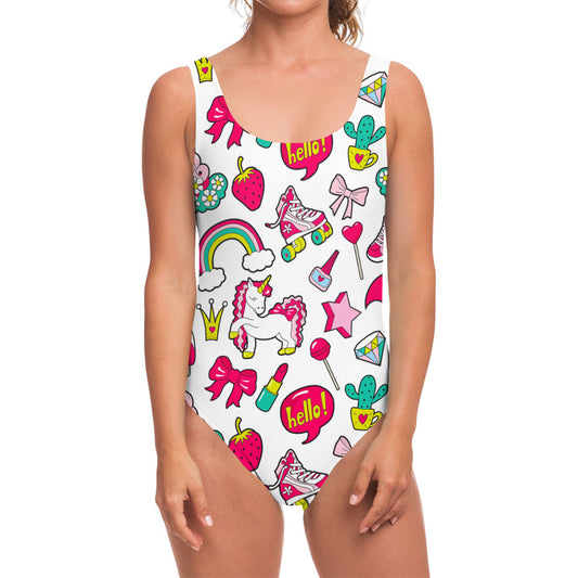 White Girly Unicorn Pattern Print One Piece Swimsuit