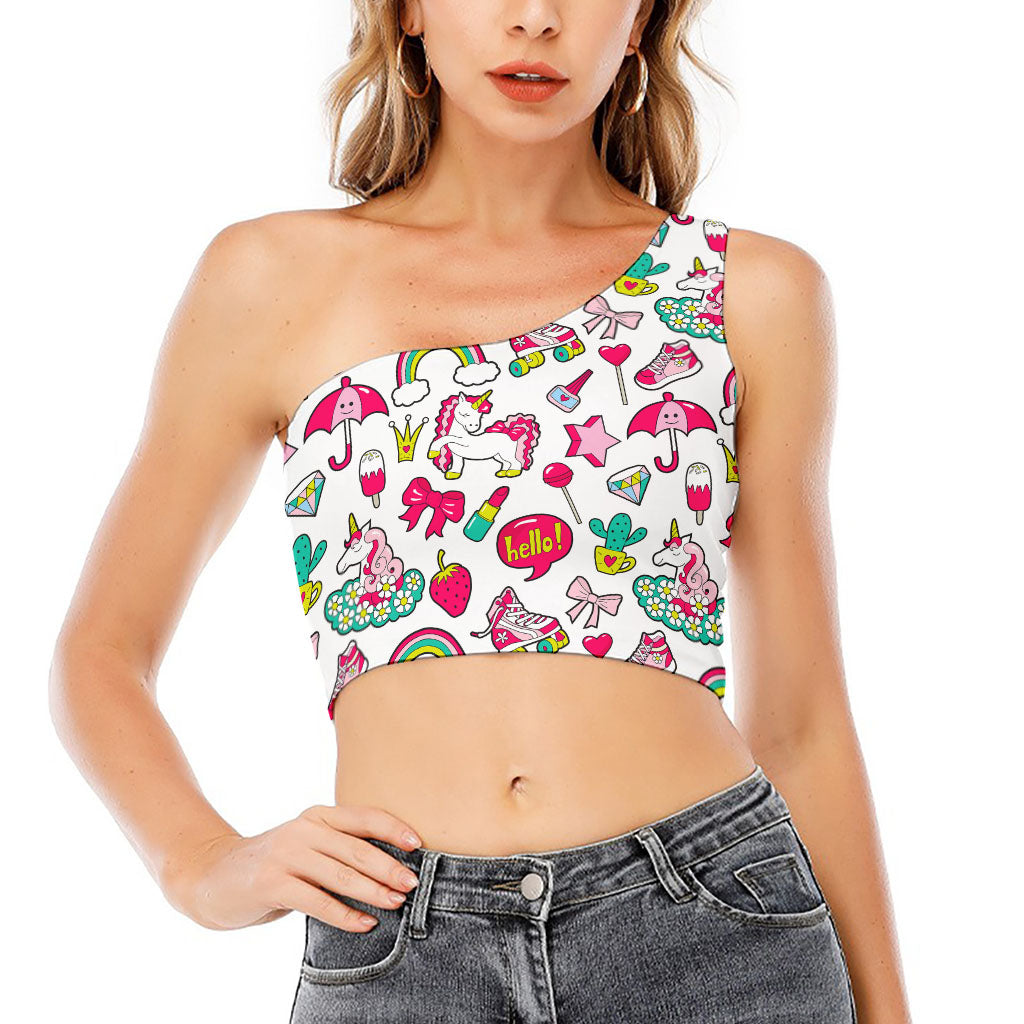 White Girly Unicorn Pattern Print One Shoulder Crop Top
