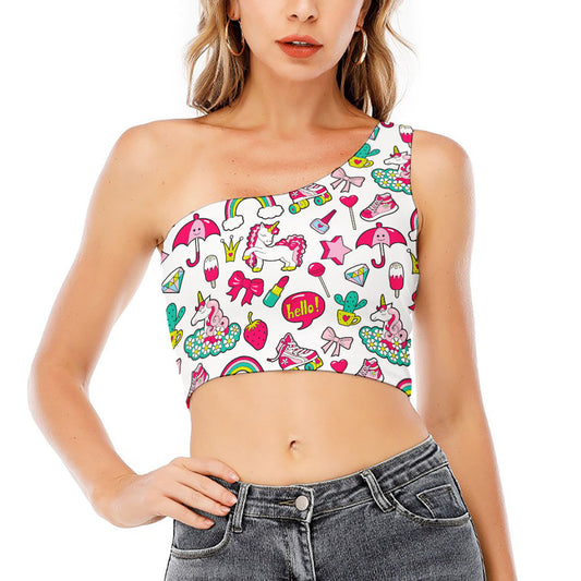 White Girly Unicorn Pattern Print One Shoulder Crop Top