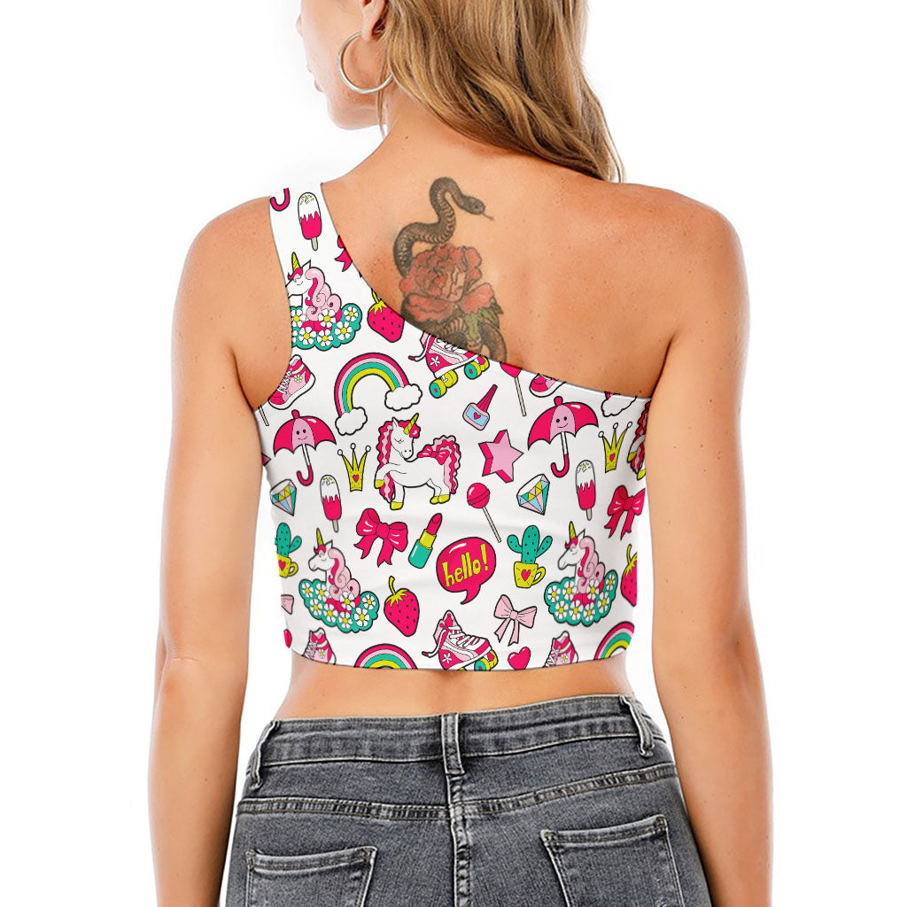 White Girly Unicorn Pattern Print One Shoulder Crop Top