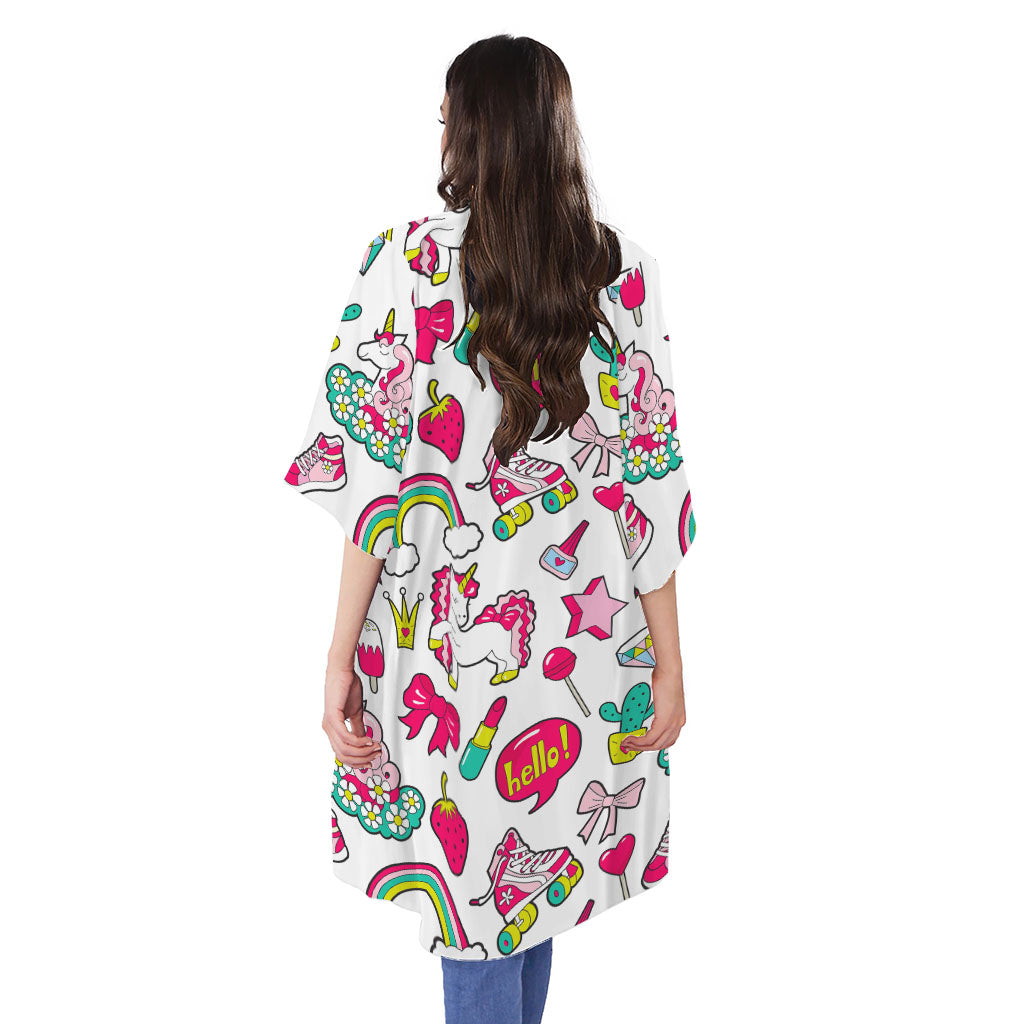 White Girly Unicorn Pattern Print Open Front Beach Cover Up