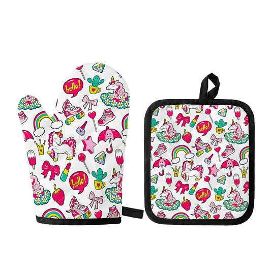 White Girly Unicorn Pattern Print Oven Mitt And Pot Holder Set