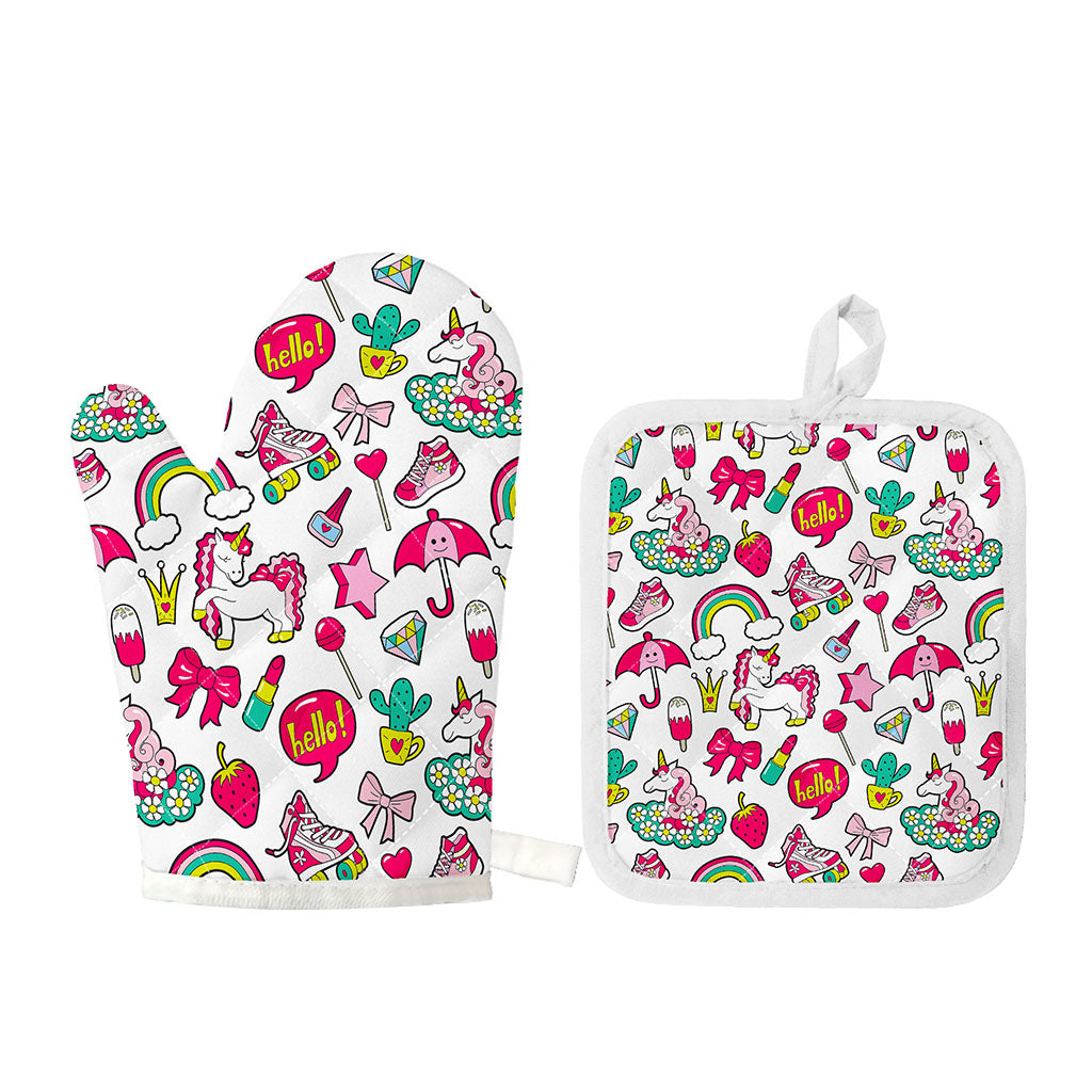White Girly Unicorn Pattern Print Oven Mitt And Pot Holder Set
