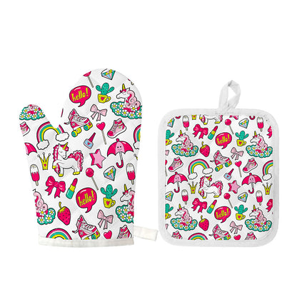 White Girly Unicorn Pattern Print Oven Mitt And Pot Holder Set