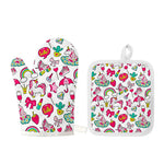White Girly Unicorn Pattern Print Oven Mitt And Pot Holder Set