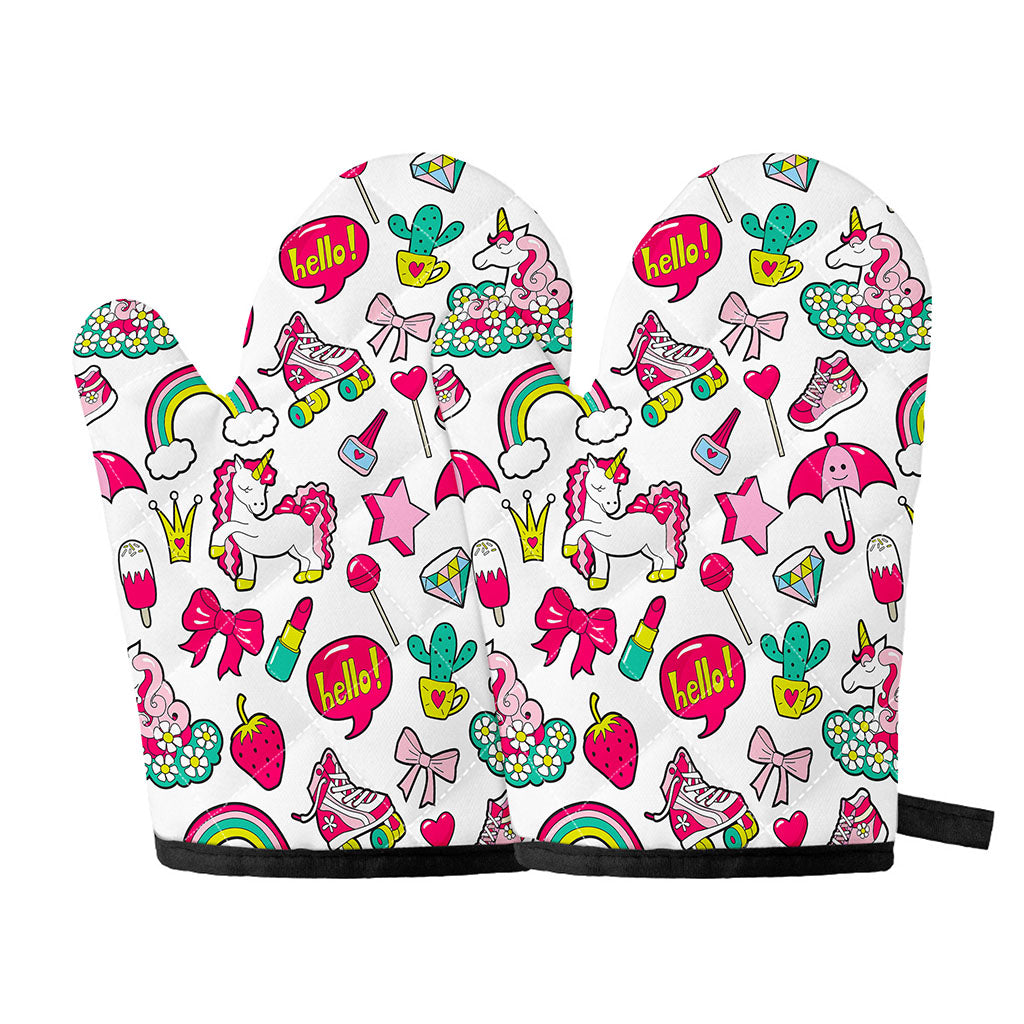 White Girly Unicorn Pattern Print Oven Mitts