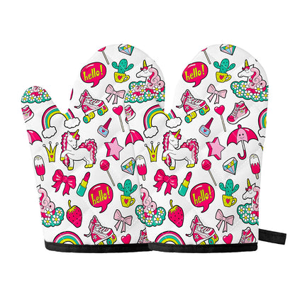 White Girly Unicorn Pattern Print Oven Mitts