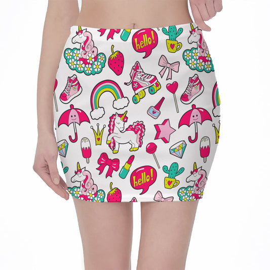 White Girly Unicorn Pattern Print Pencil Mini Skirt