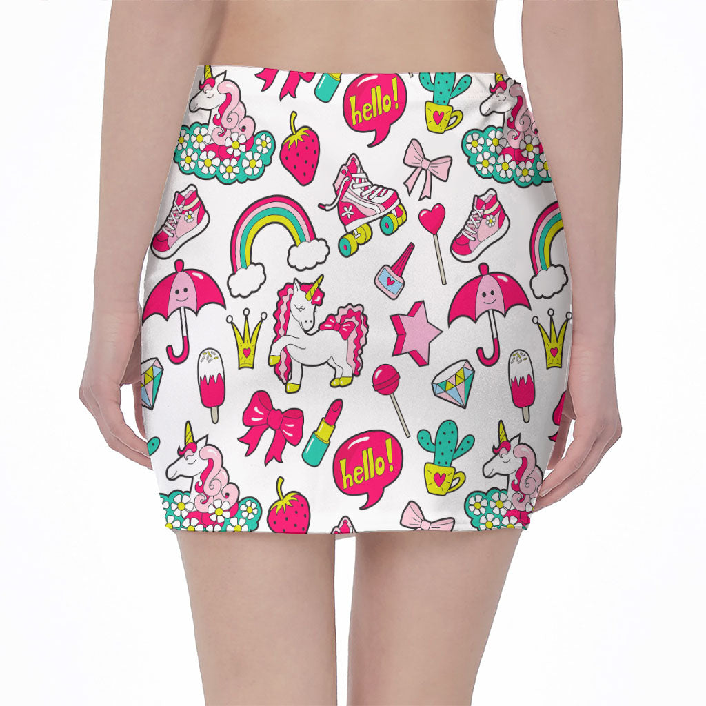 White Girly Unicorn Pattern Print Pencil Mini Skirt