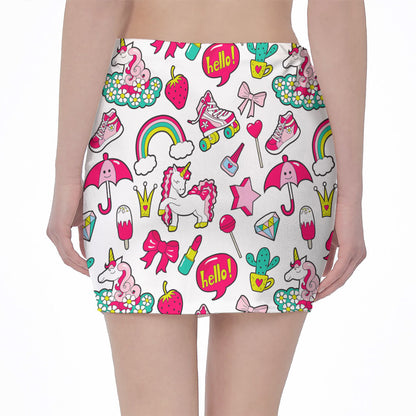 White Girly Unicorn Pattern Print Pencil Mini Skirt