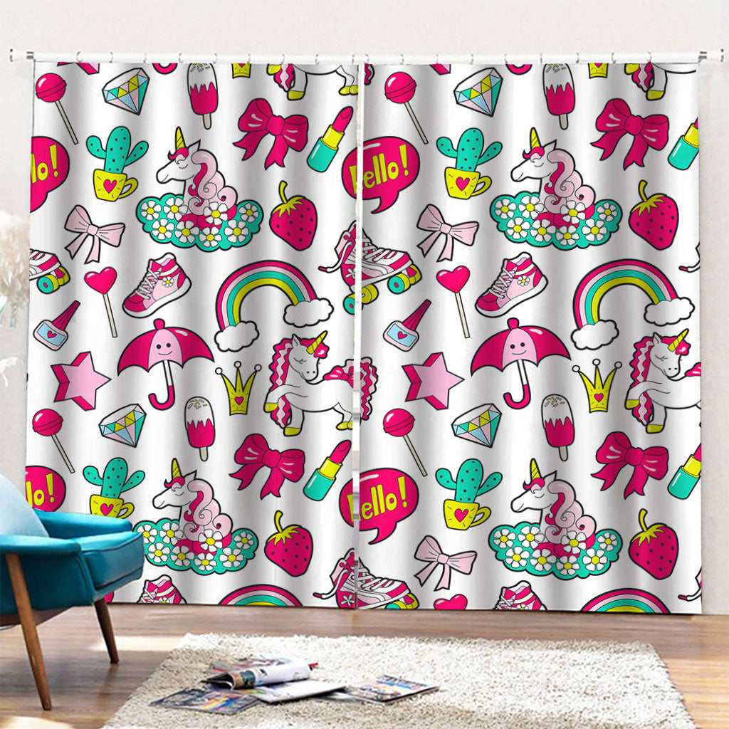 White Girly Unicorn Pattern Print Pencil Pleat Curtains