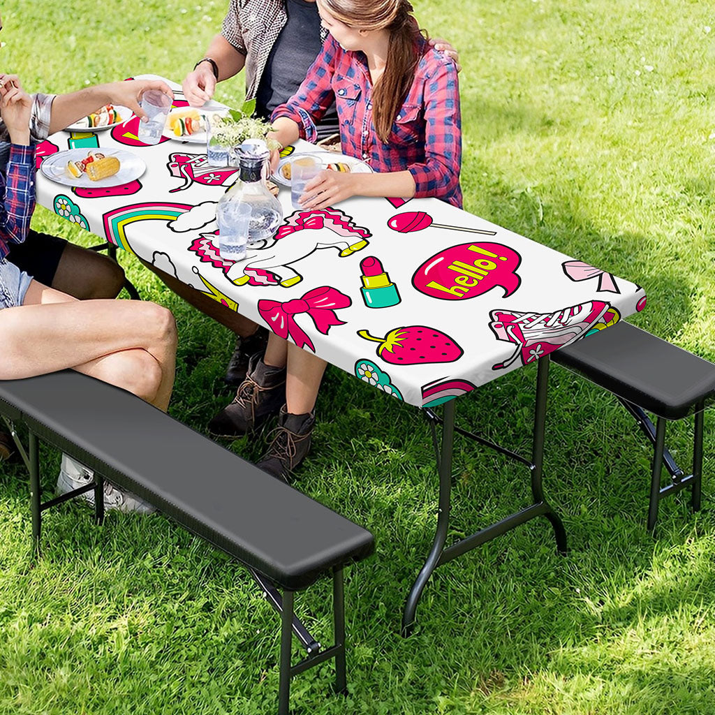 White Girly Unicorn Pattern Print Picnic Table Cover