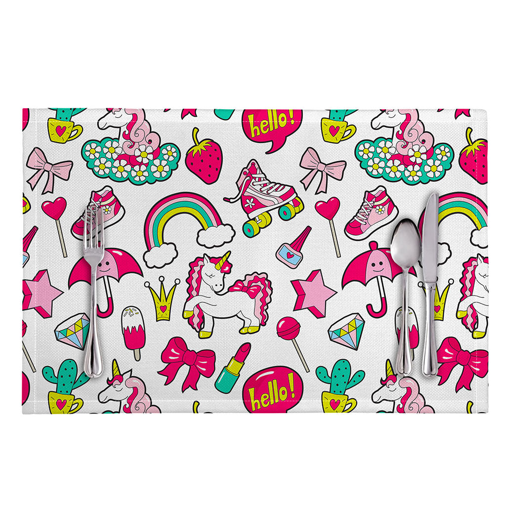 White Girly Unicorn Pattern Print Placemat