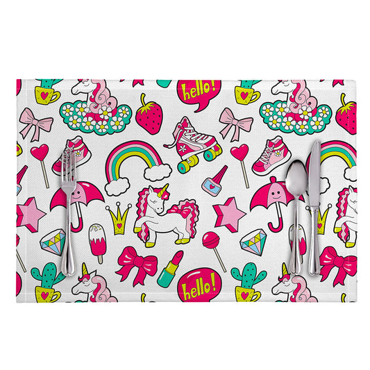 White Girly Unicorn Pattern Print Placemat