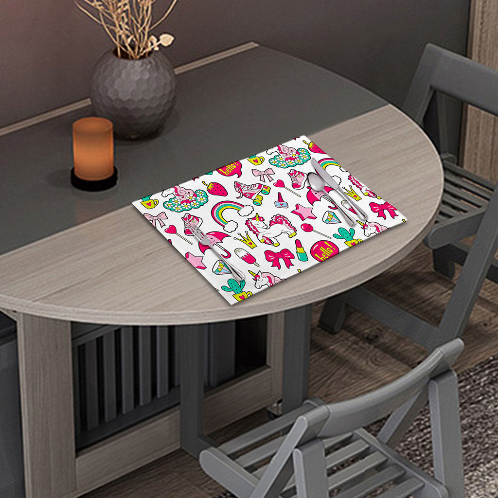 White Girly Unicorn Pattern Print Placemat