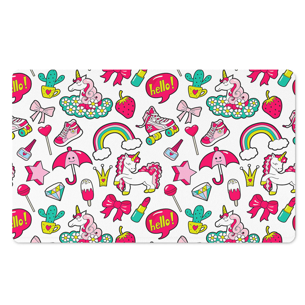White Girly Unicorn Pattern Print Polyester Doormat