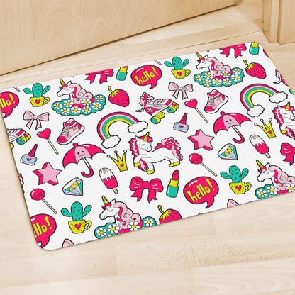 White Girly Unicorn Pattern Print Polyester Doormat