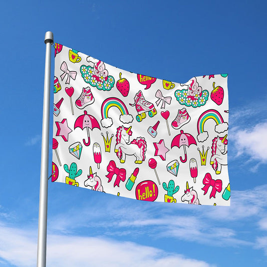 White Girly Unicorn Pattern Print Polyester Flag